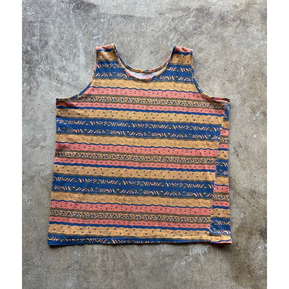 Vintage 1980s Distressed Orange/Blue Striped Pattern Tanktop Size Large